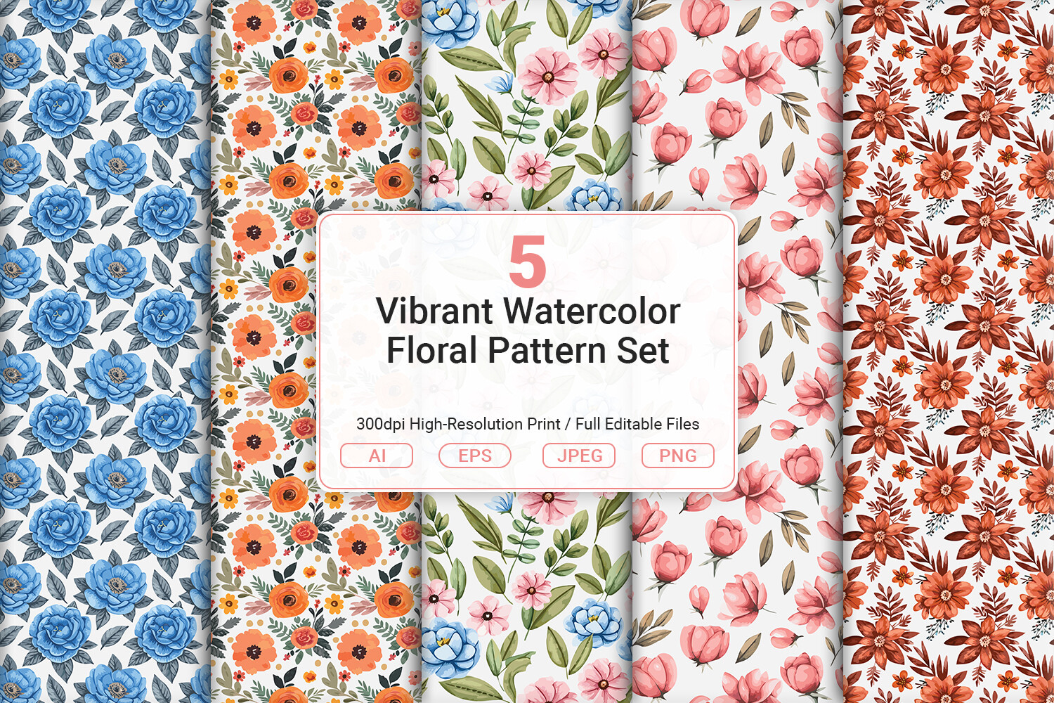 Vibrant Watercolor Floral Pattern Set Graphic by JUNDI · Creative Fabrica