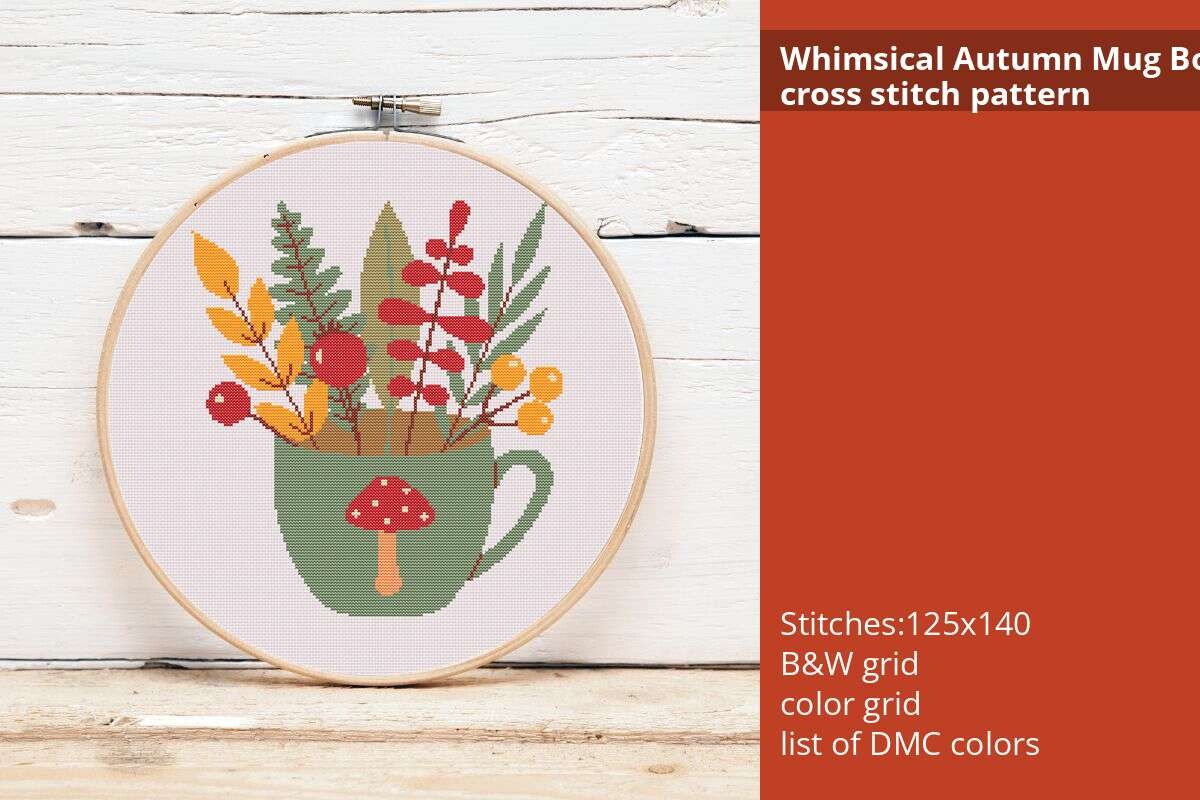 Whimsical Autumn Mug Bouquet Crossstitch