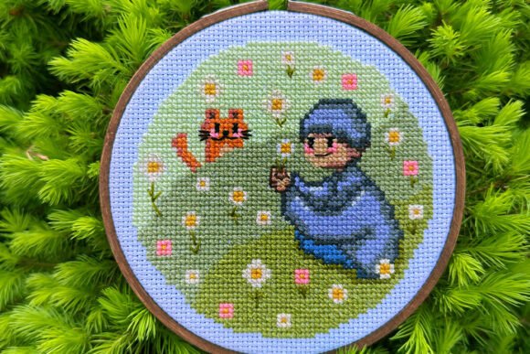 Boy with Cat PDF Cross Stitch Pattern