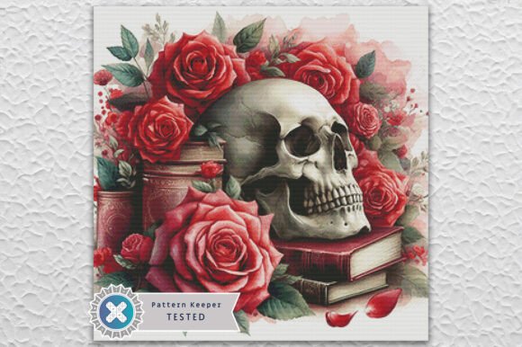 Books Skull Roses Cross Stitch Pattern