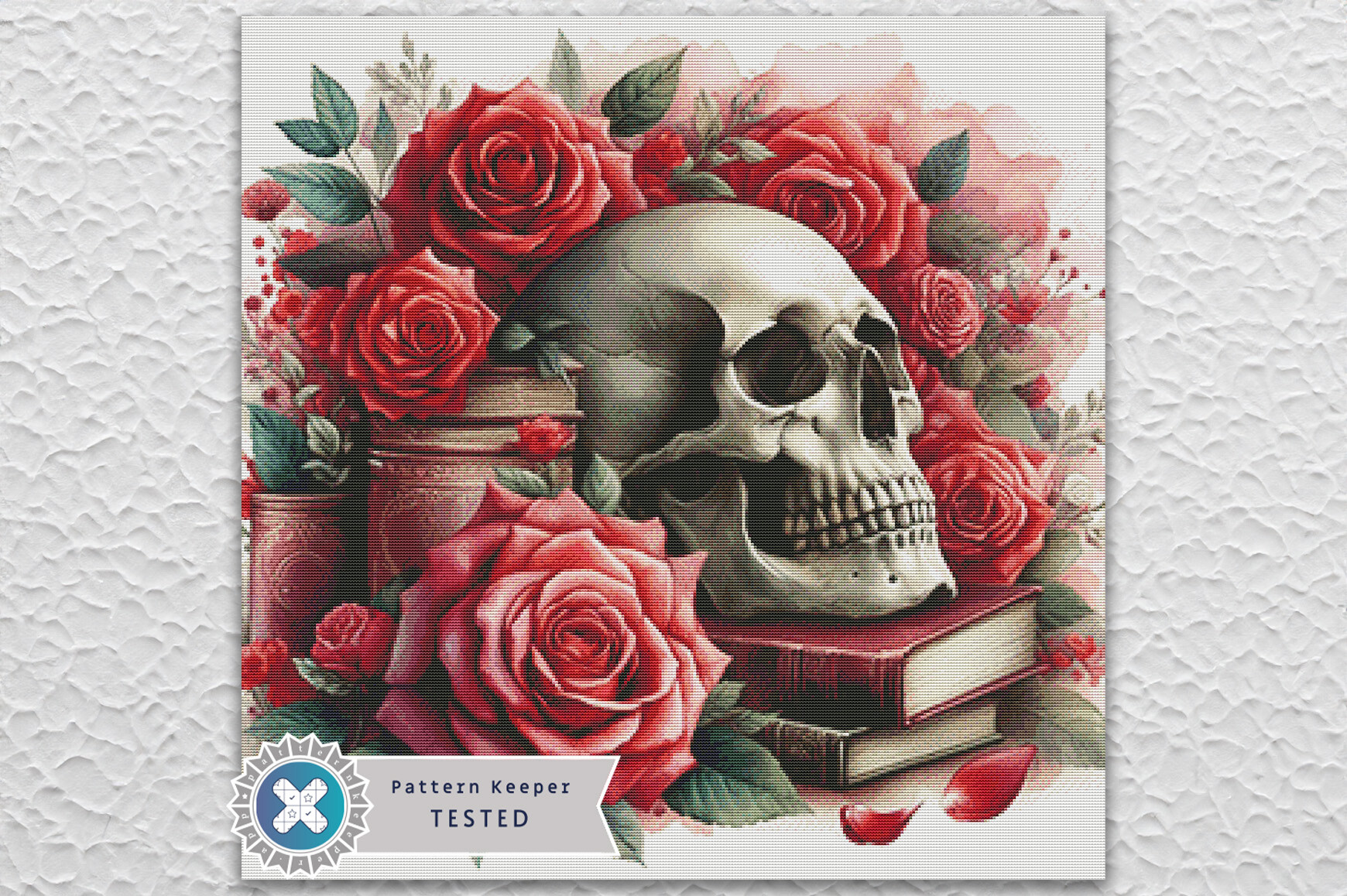 Books Skull Roses Cross Stitch Pattern