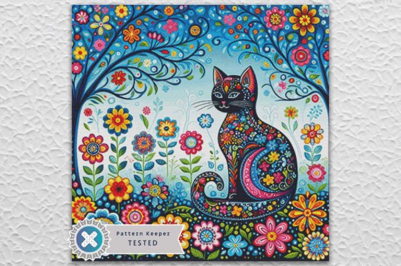 Floral Black Cat Cross Stitch Pattern