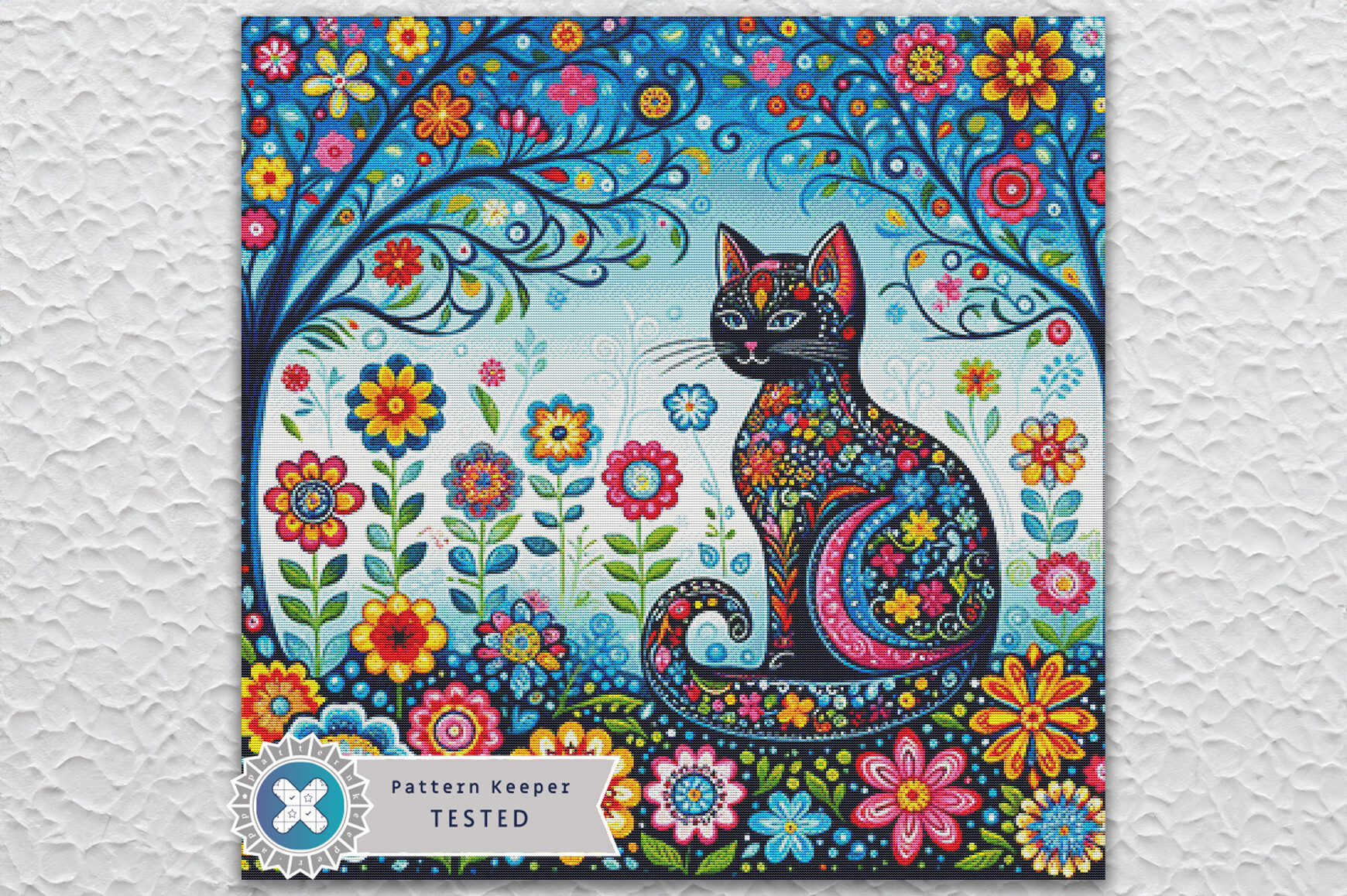 Floral Black Cat Cross Stitch Pattern