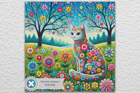 Floral White Cat Cross Stitch Pattern