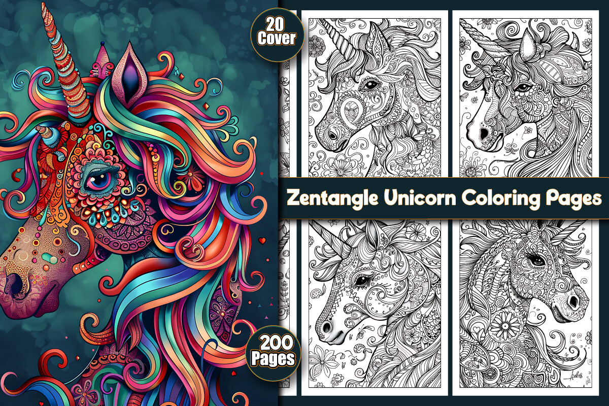 200 Beautiful Zentangle Unicorn Coloring