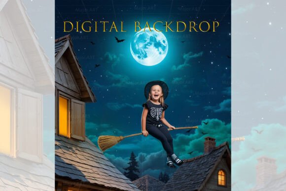 Preview of Halloween Digital Backdrop, Witch Broom digital backdrop