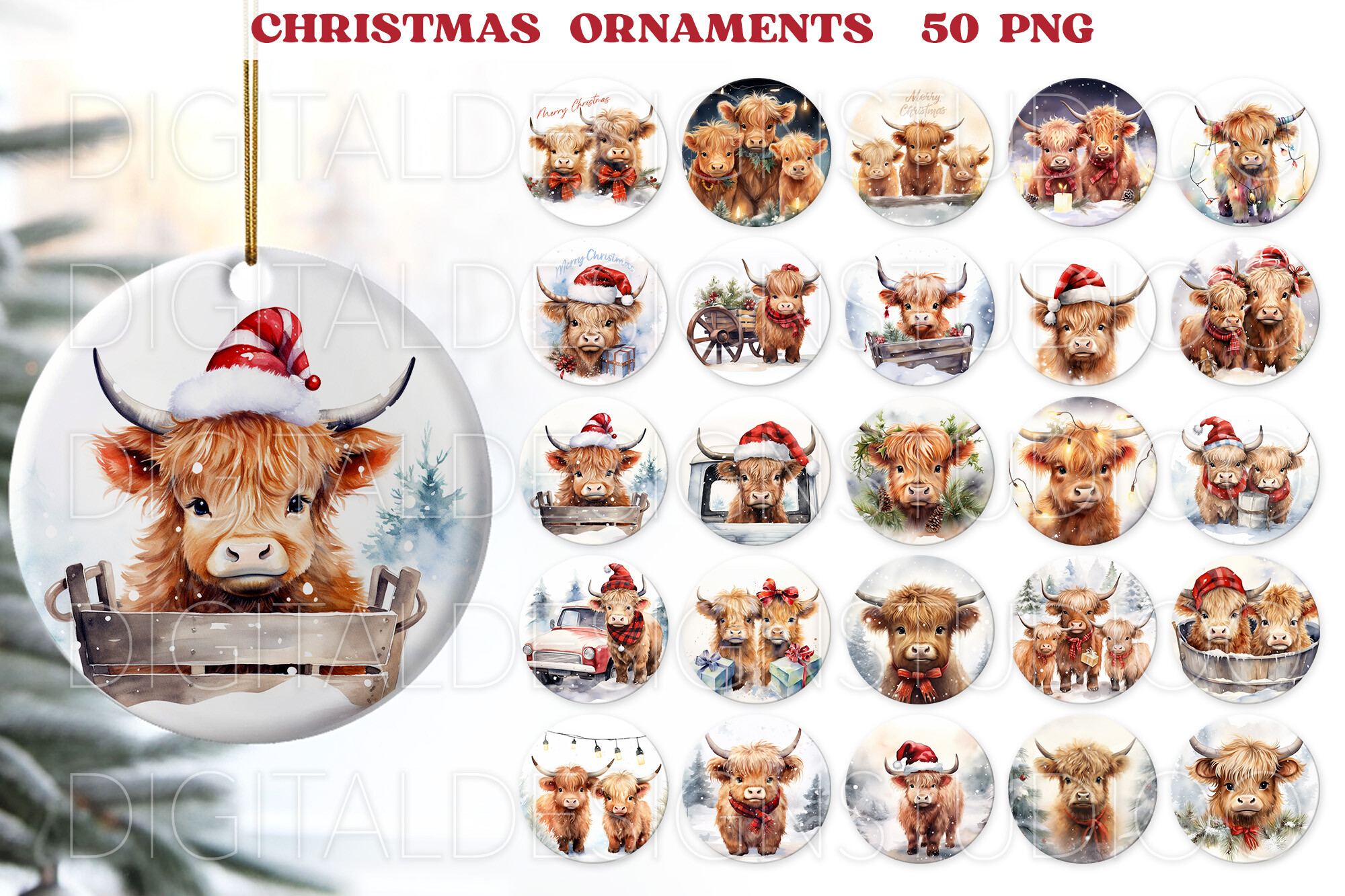Highland Cow Christmas Ornaments Designs