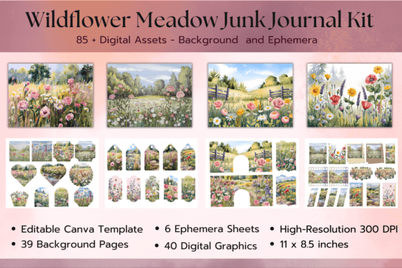 Wildflower Meadow Junk Journal Kit Graphic Photo Collage & Scrapbook Templates By Dreamwings Creations