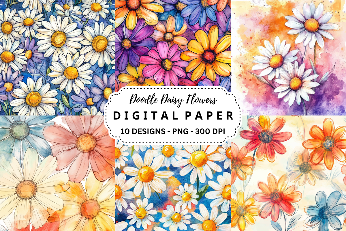 Doodle Daisy Flowers Backgrounds Graphic by pcudesigns · Creative Fabrica