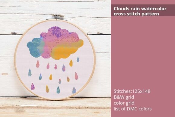 Clouds Rain Watercolor Cross Stitch