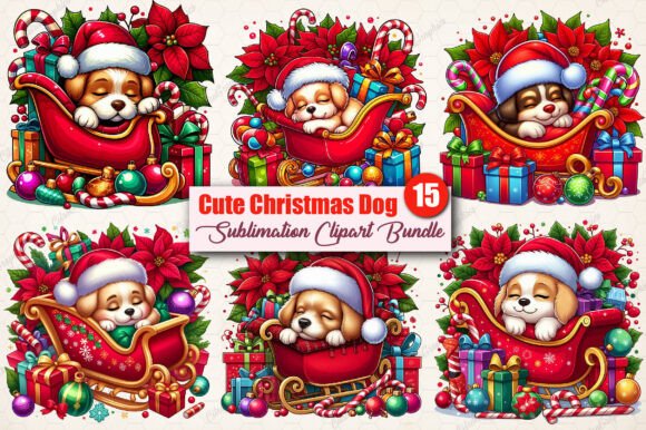 Watercolor Cute Christmas Dog Clipart in soft pastel sublimation style
