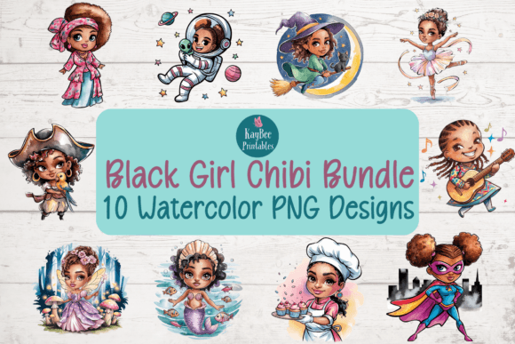 Black Girl Chibi Bundle - Watercolor PNG Graphic by kaybeesvgs ...