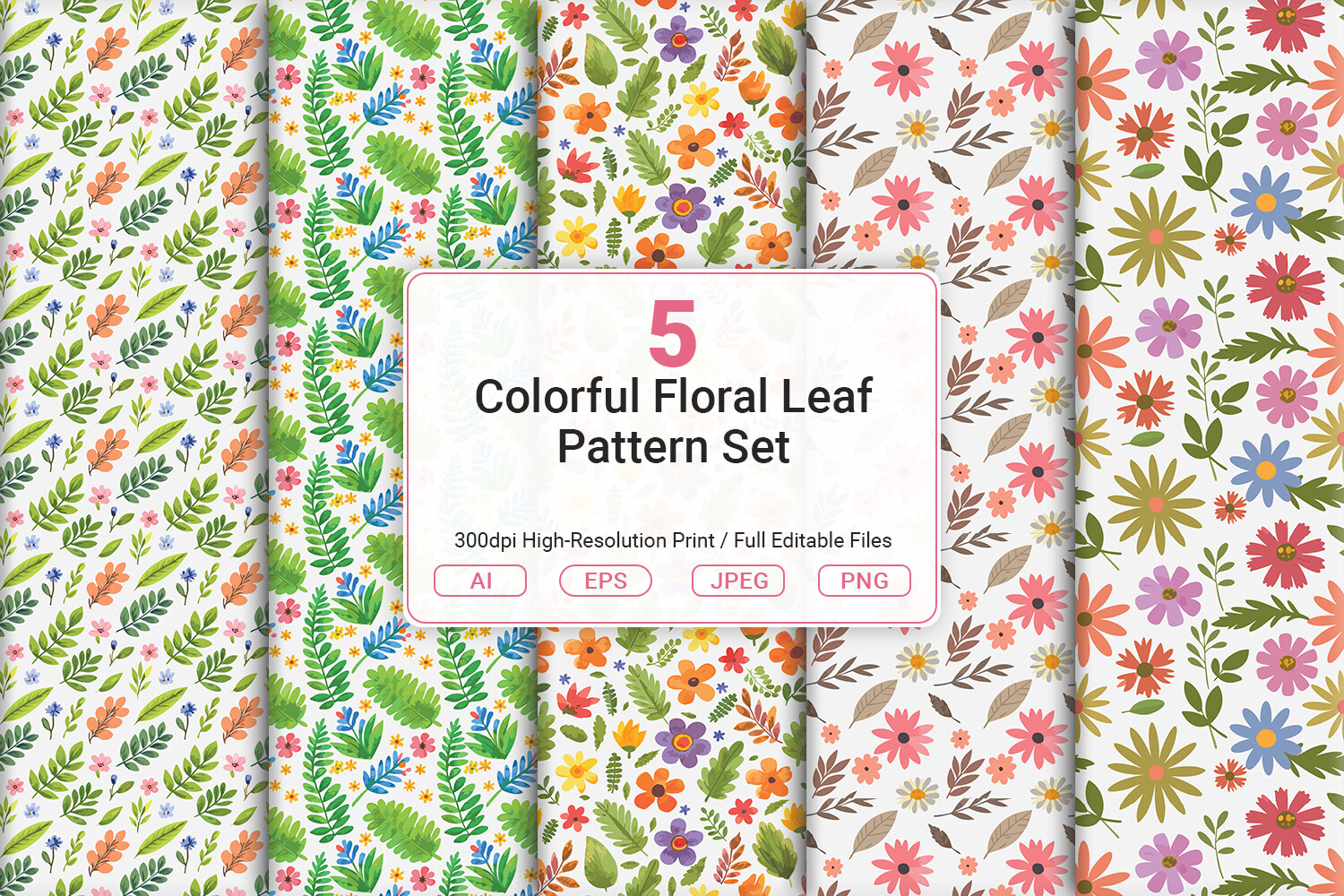 Colorful Floral Leaf Pattern Set Graphic by JUNDI · Creative Fabrica