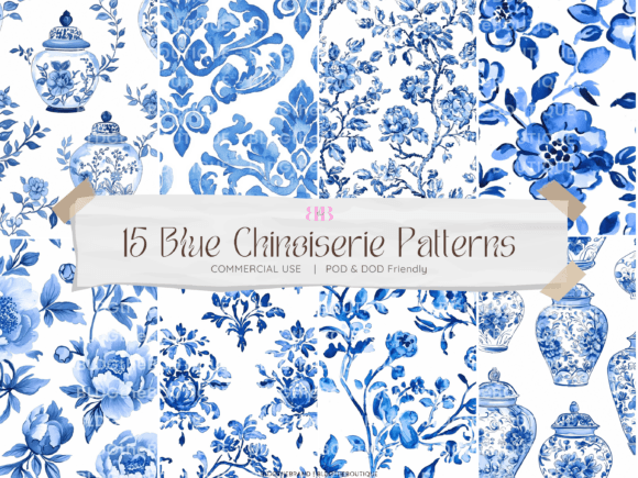 Blue Chinoiserie Seamless Pattern Pack Gráfico Planos de Fundo Por BLDGtheBrand