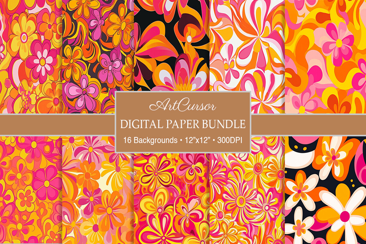 Groovy Retro Spring Floral Digital Paper Graphic by ArtCursor ...