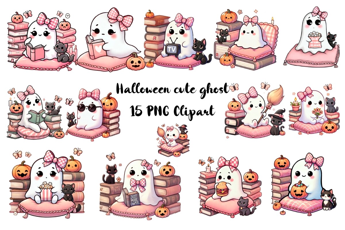 Halloween Cute Ghosts and Books Clipart Graphic by ChiroshopGoods ...