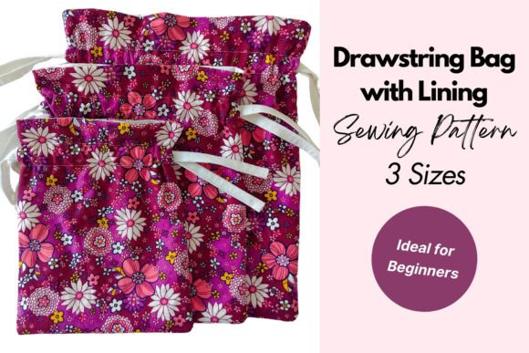 Three sizes of lined drawstring fabric bags sewing project