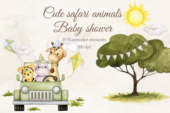 Safari Animals.Travel by Car.Watercolor.