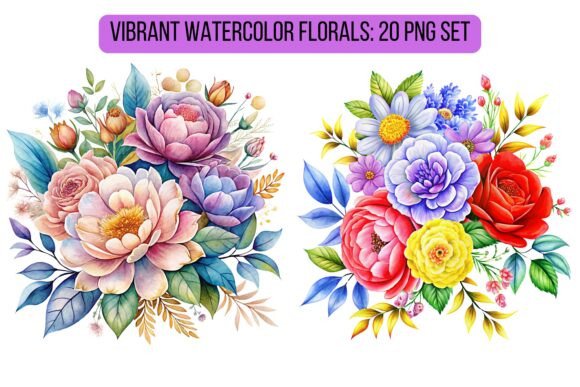 Vibrant Watercolor Florals: 20 PNG Set