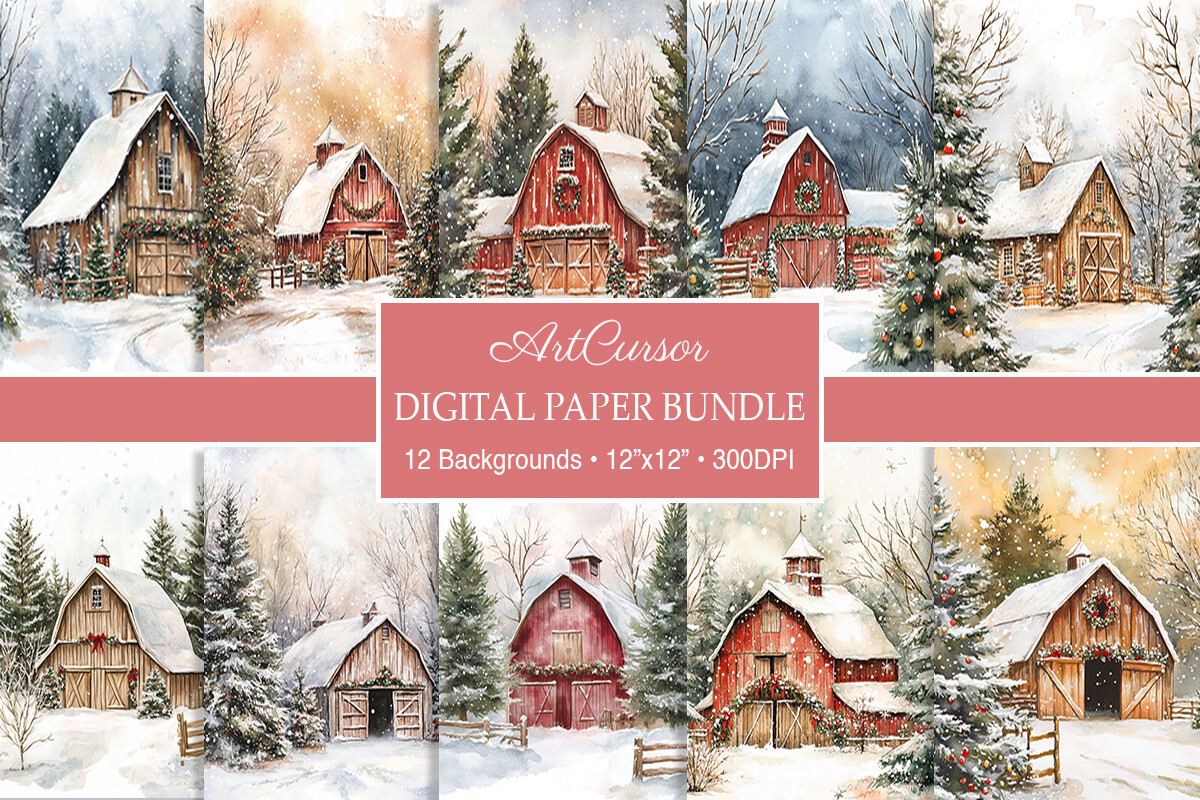 Watercolor Vintage Christmas Barn Papers
