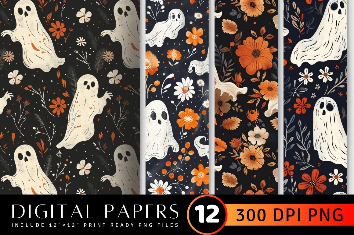 Boho Floral Ghost Halloween Pattern Graphic by CraftyCakes · Creative ...