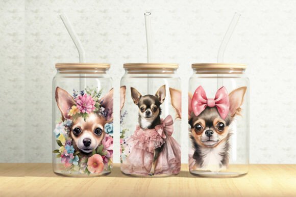 Cute chihuahuas 16oz glass can sublimation wrap design for dog mom drinkware