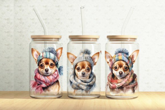 Winter chihuahua 16oz glass can wrap sublimation design for holiday dog mom gifts