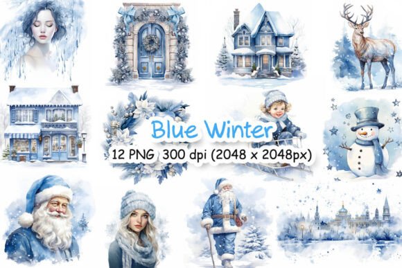 Blue Watercolor Winter Elements