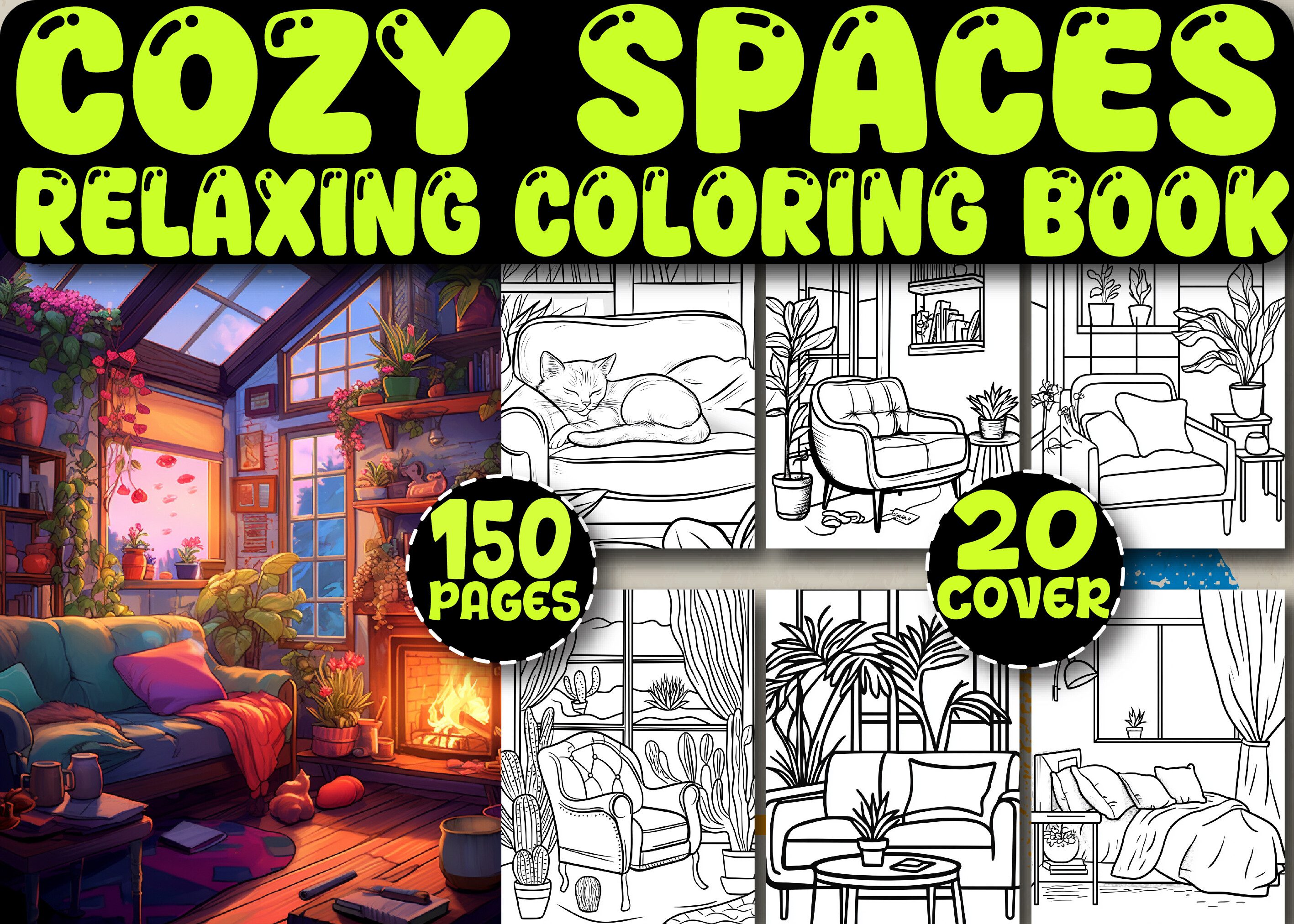150 Cozy Spaces Relaxing Coloring Pages Graphic by Cute Designer ...