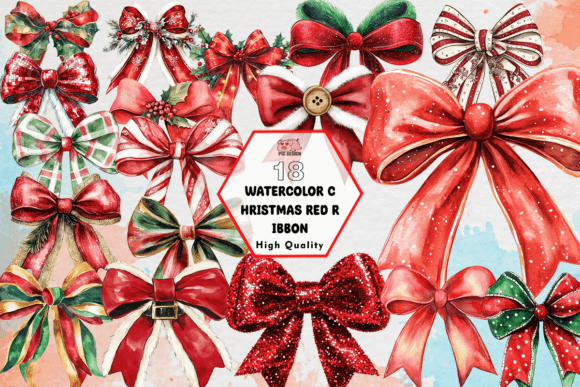 Watercolor Christmas Red Ribbon Clipart