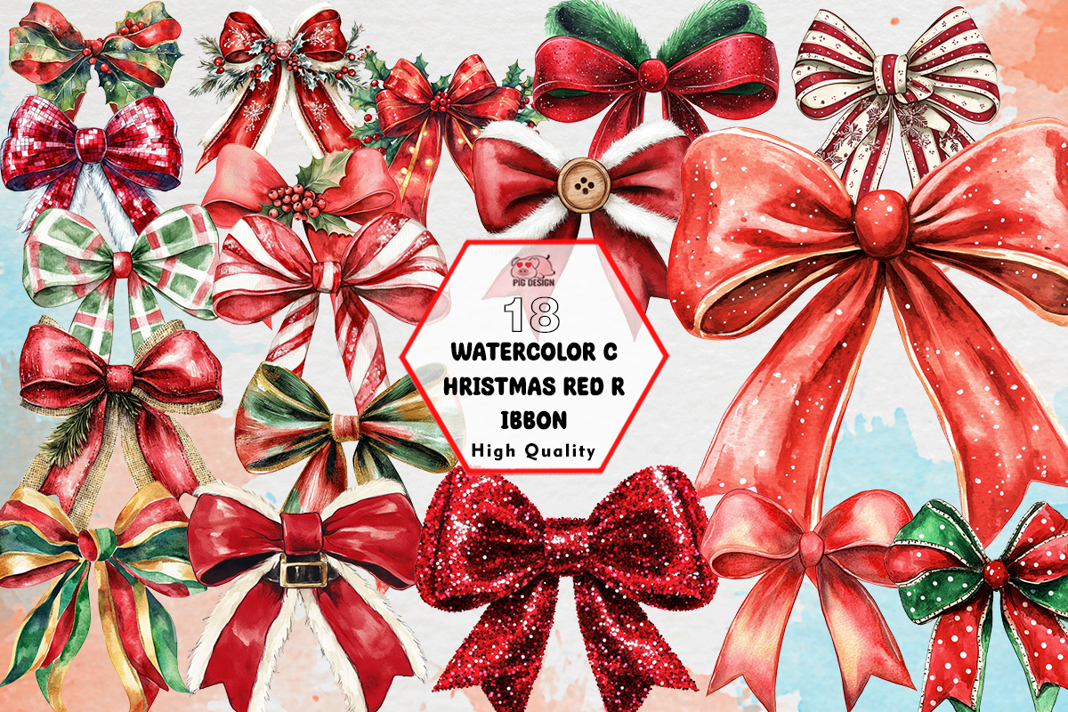 Watercolor Christmas Red Ribbon Clipart