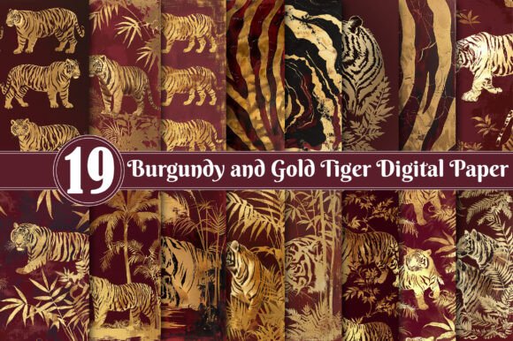 Burgundy and Gold Tiger Digital Paper