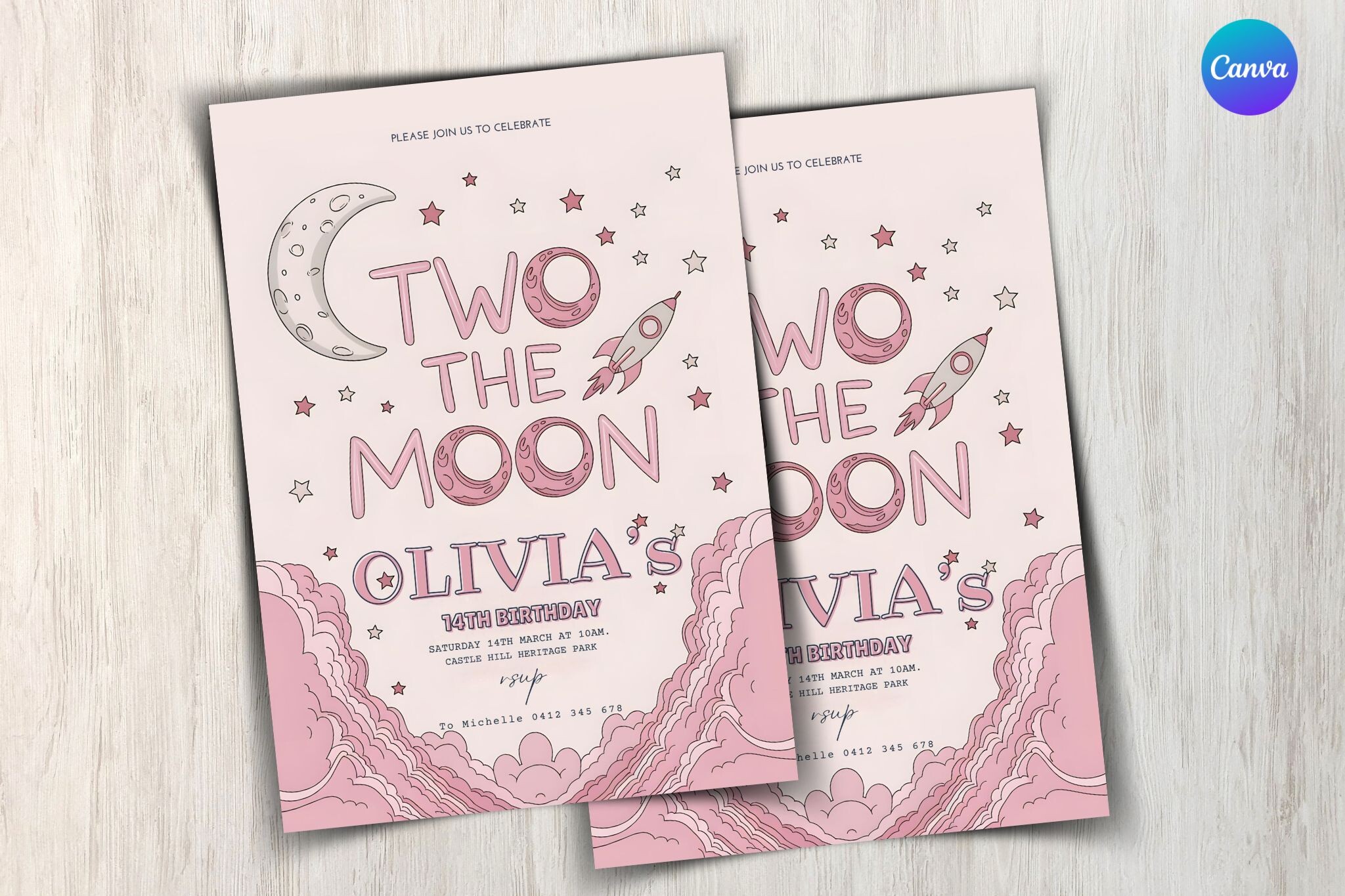 Two the Moon Birthday Party Invitation