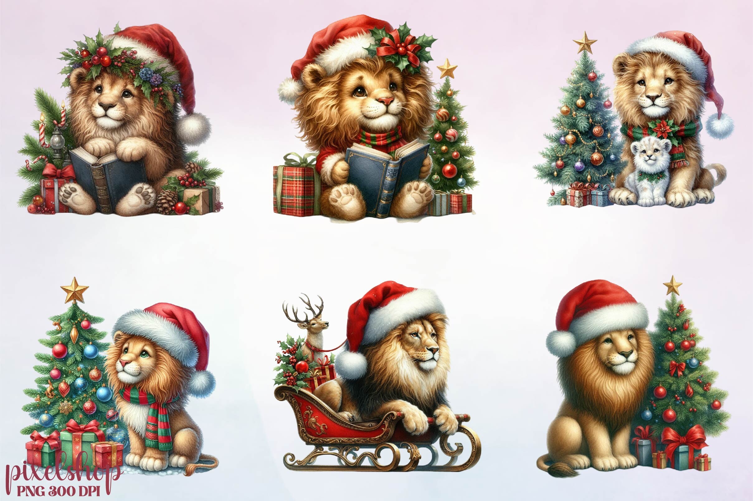 Watercolor Christmas Lion Clipart Graphic by Dream Print · Creative Fabrica