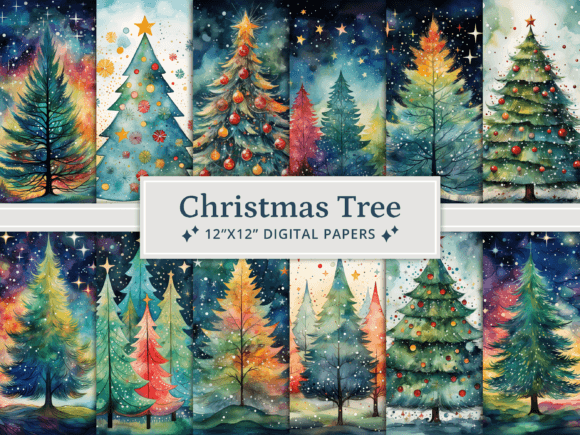 Watercolor Christmas Tree Digital Papers