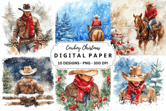Watercolor Cowboy Christmas Background