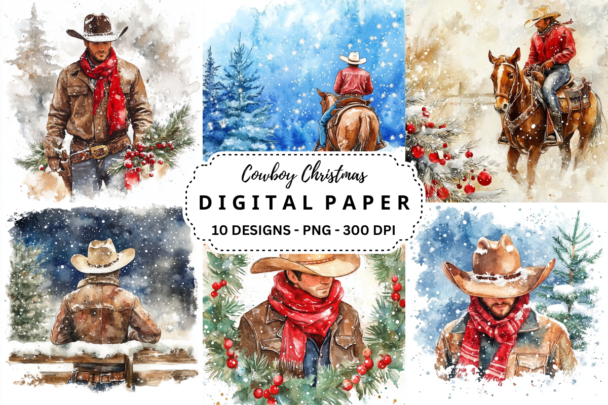 Watercolor Cowboy Christmas Background