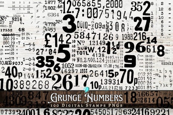 Grunge Numbers 100 Digital Stamps PNGs