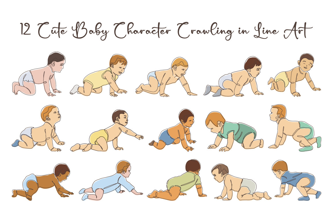 12 Cute Baby Crawling in Line Art Graphic by jongcreative · Creative ...