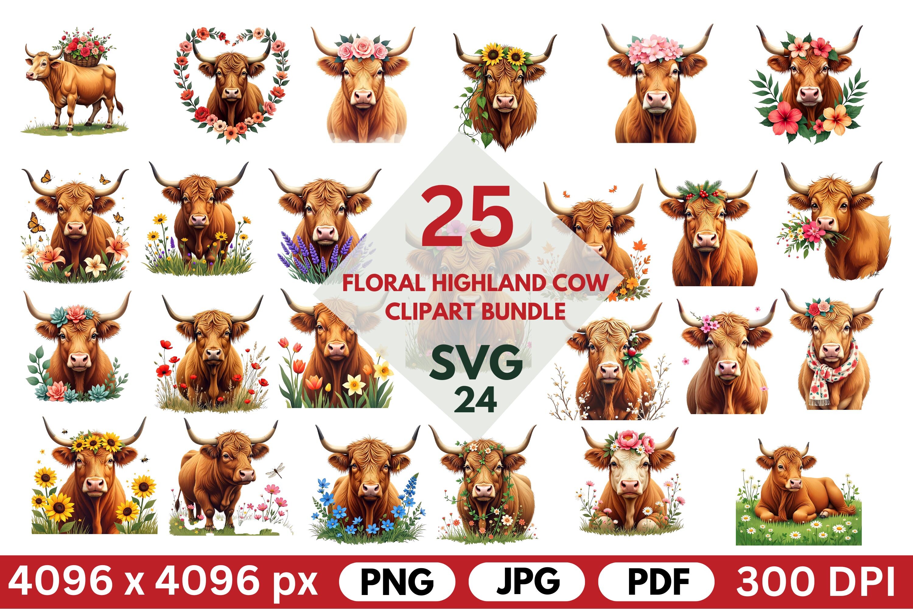 Floral Highland Cow Clipart Bundle Graphic by SVG24 · Creative Fabrica