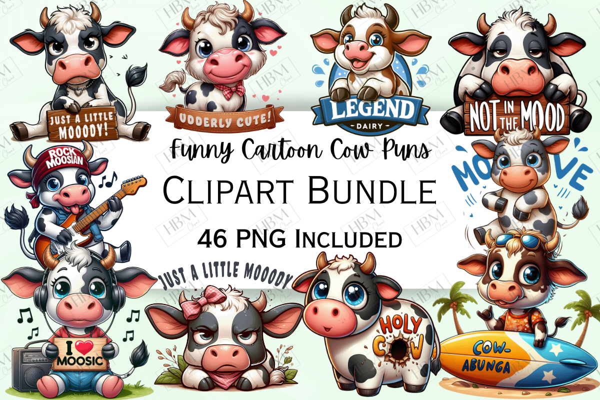 Funny Cartoon Cows Puns Clipart Graphic by HBM Clipart · Creative Fabrica