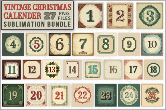 Vintage Christmas Advent Calendar Bundle Graphic Illustrations By Extreme DesignArt