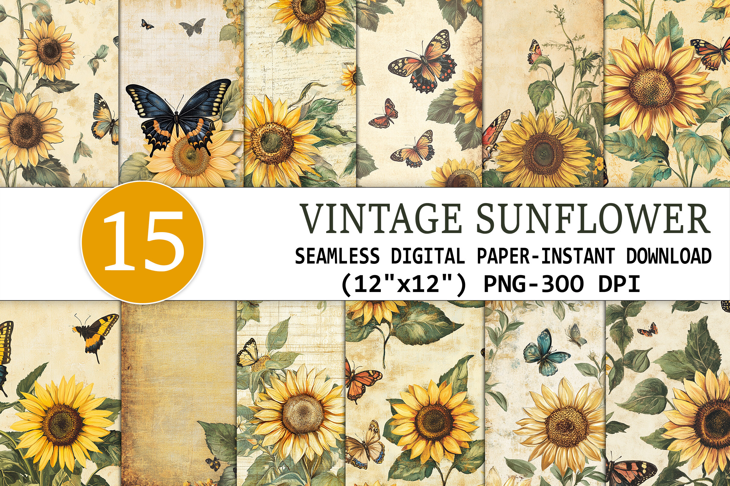Vintage Sunflower Digital Paper Graphic by Digital Print & Cut ...