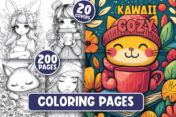 Preview of 200 Kawaii Cozy Coloring Pages coloring pages for adults