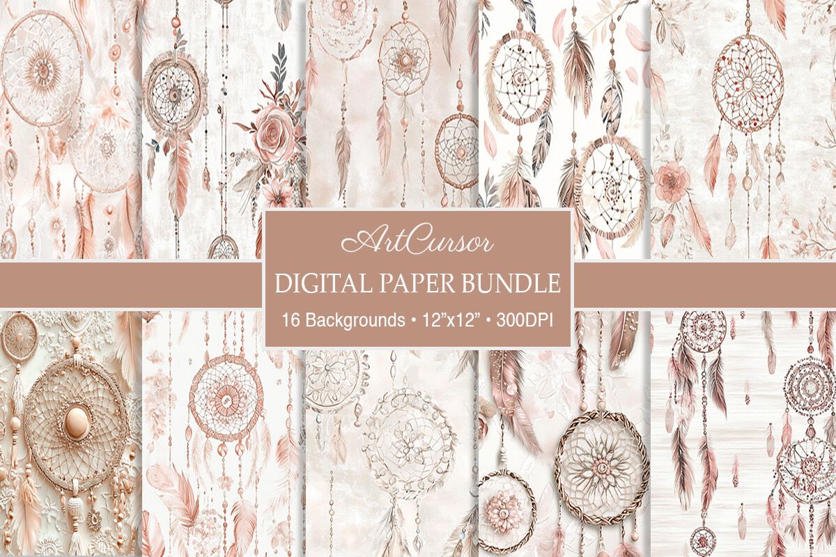 Boho Dreamcatcher Feathers Digital Paper Graphic by ArtCursor ...