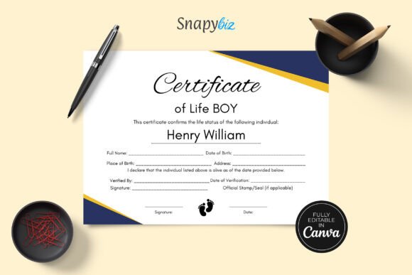 Certificate of Life Boy Canva Template