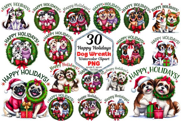 Happy Holidays dog wreath sublimation art for centered bandana point layout