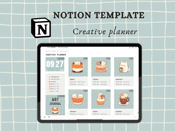 Notion Planner for Creatives, Cat Themed Illustration Modèles Graphiques Par Petit Creation Lab