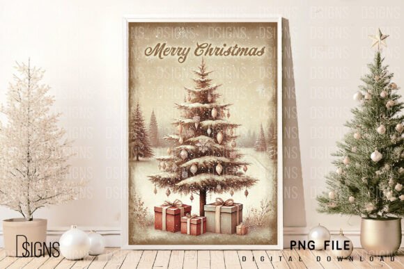 Vintage Christmas Tree Png Sign Wall Art Graphic Illustrations By DSIGNS