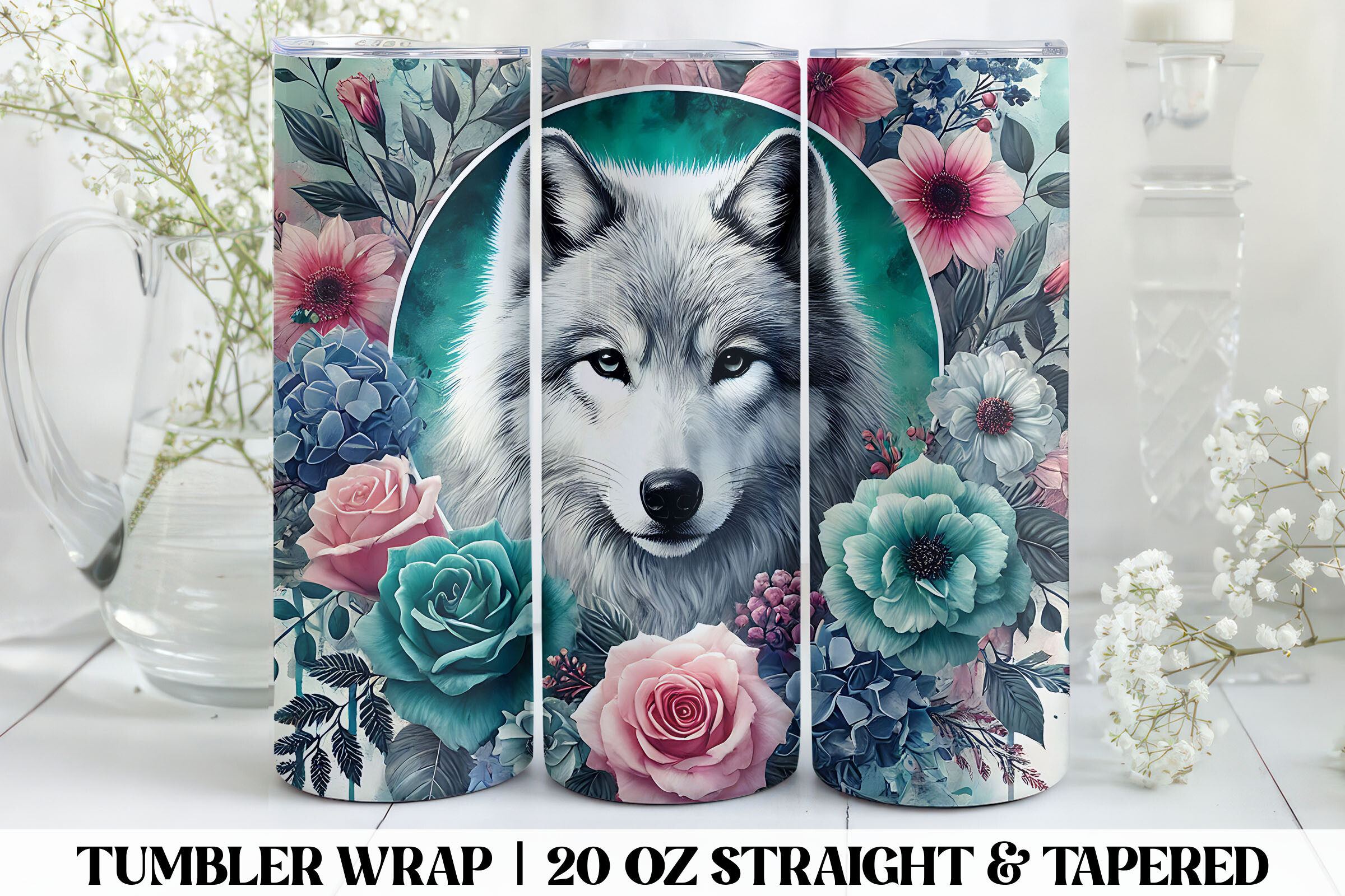 Floral Wolf 20Oz Tumbler Wrap Graphic by InspiredLayouts · Creative Fabrica